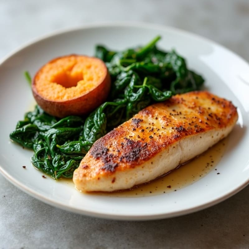 Seared Chicken Breast with Sautéed Spinach and Roasted Sweet Potato