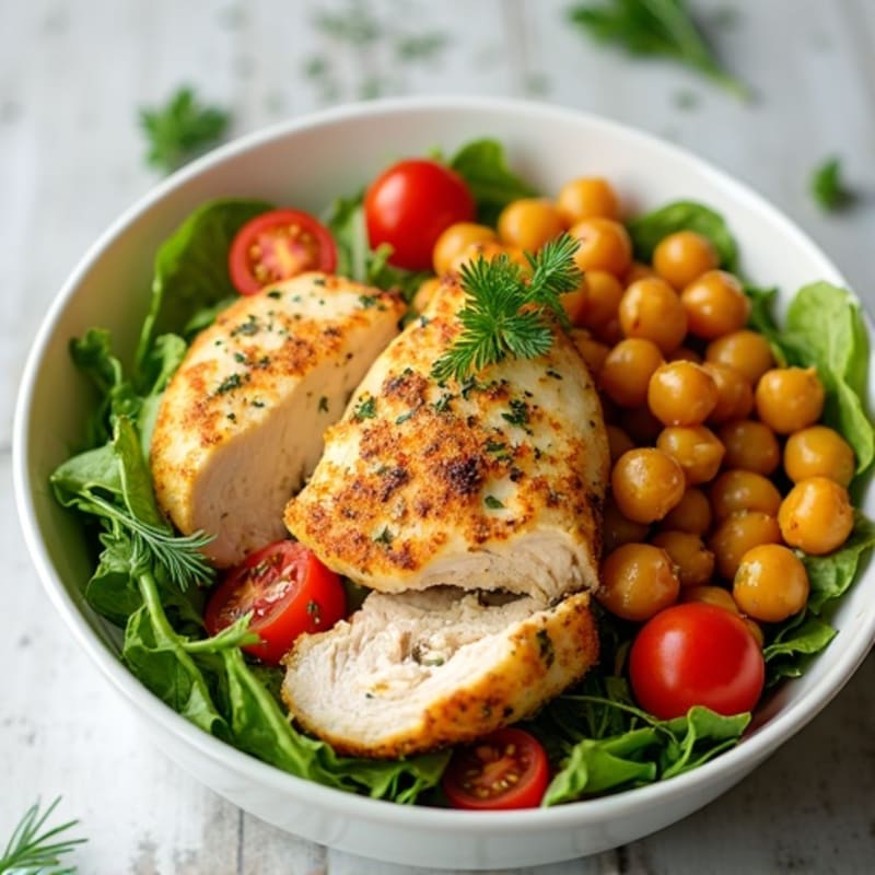 Tender Lemon-Herb Chicken and Crispy Chickpea Salad Bowl