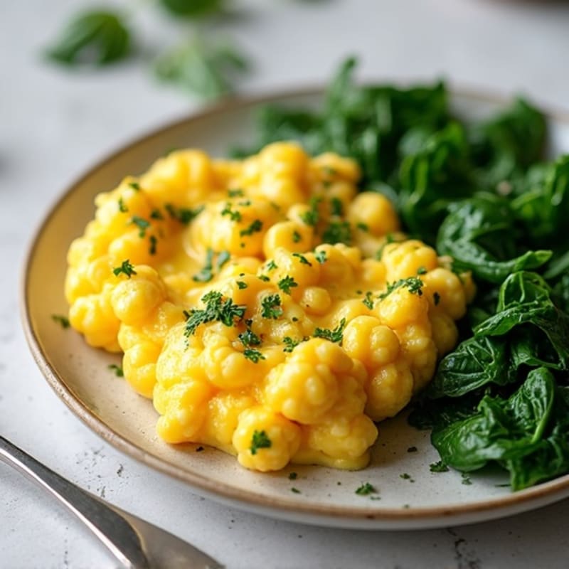 Fluffy Egg and Fresh Herb Scramble with Sautéed Spinach