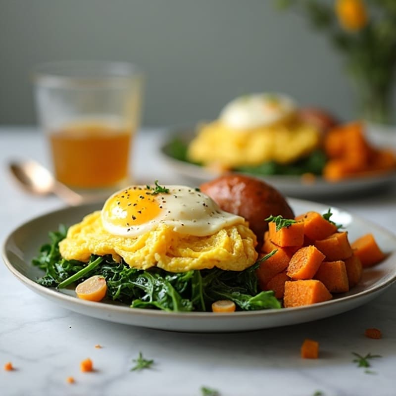 Fluffy Scrambled Eggs with Sautéed Greens and Crispy Sweet Potato Hash