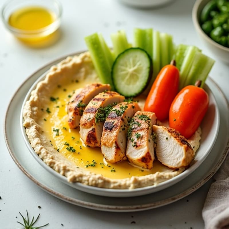 Creamy Hummus with Fresh Crisp Vegetables and Grilled Lemon-Herb Chicken
