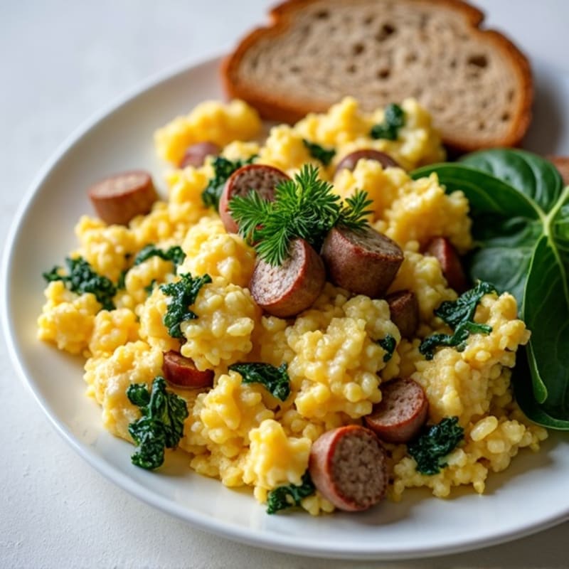 Egg White Scramble with Turkey Sausage and Sautéed Spinach