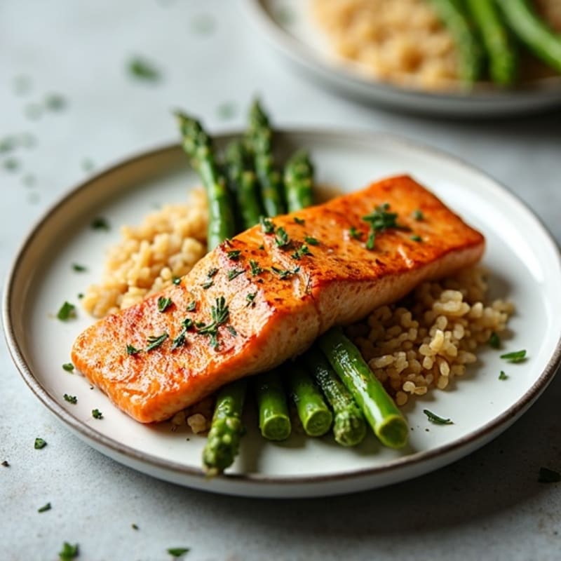Seared Salmon with Steamed Asparagus and Brown Rice