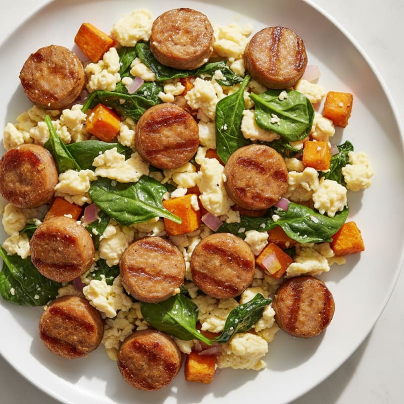 Crispy Turkey Sausage and Egg White Scramble with Sautéed Spinach