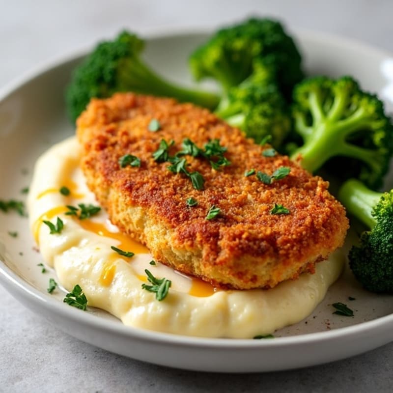 Crispy Chicken with Creamy Cheesy Cauliflower Mash and Roasted Broccoli