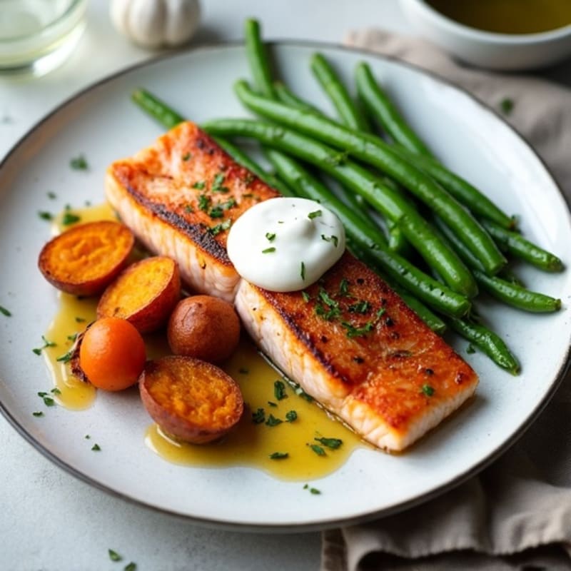 Seared Salmon with Garlic Green Beans and Roasted Sweet Potatoes