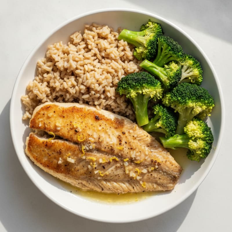 Seared Tilapia with Steamed Broccoli and Brown Rice