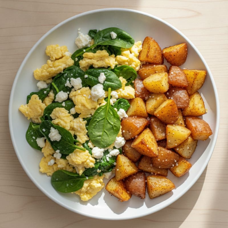 Egg and Cheese Scramble with Roasted Potatoes and Spinach
