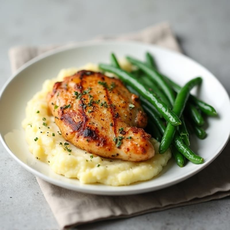 Pan-Seared Chicken Thighs with Garlic Mashed Potatoes and Sautéed Green Beans