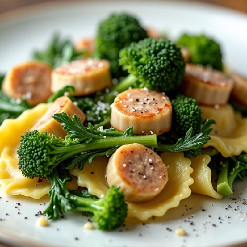 Spinach Ravioli with Lean Chicken Sausage and Garlicky Broccolini
