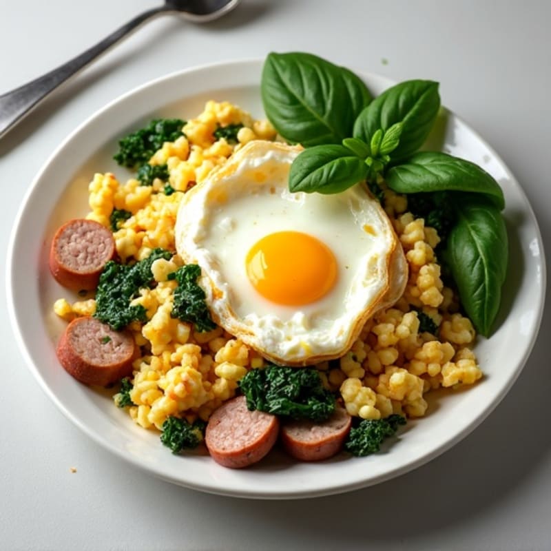 Egg White and Turkey Sausage Scramble with Cottage Cheese and Spinach