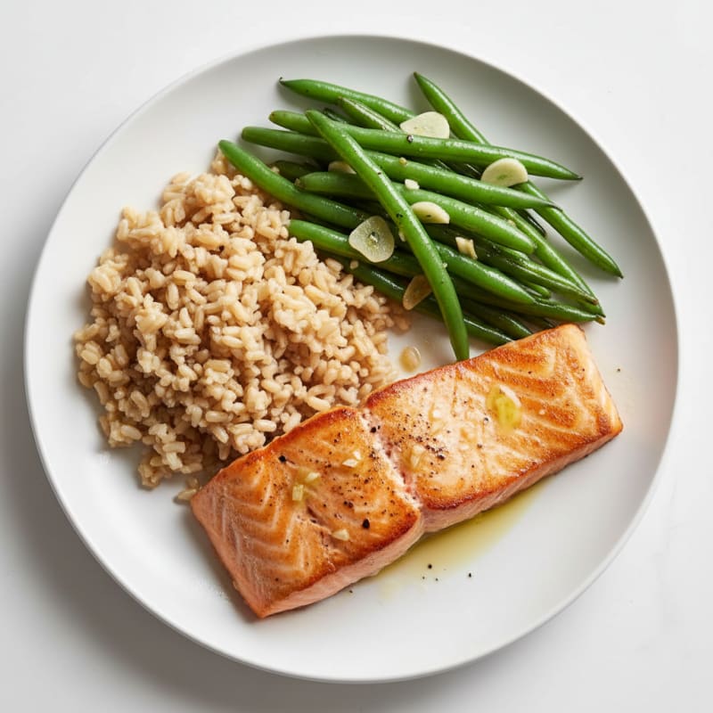 Seared Salmon with Garlic Green Beans and Brown Rice