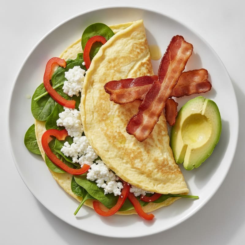 Egg White Veggie Omelette with Cottage Cheese and Turkey Bacon