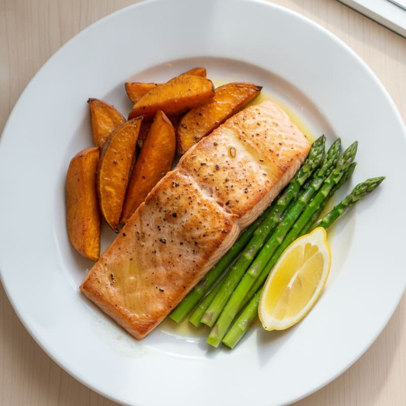 Seared Salmon Filet with Roasted Asparagus and Sweet Potato