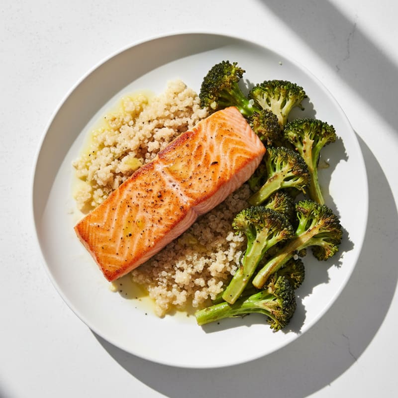 Seared Salmon with Roasted Broccoli and Quinoa