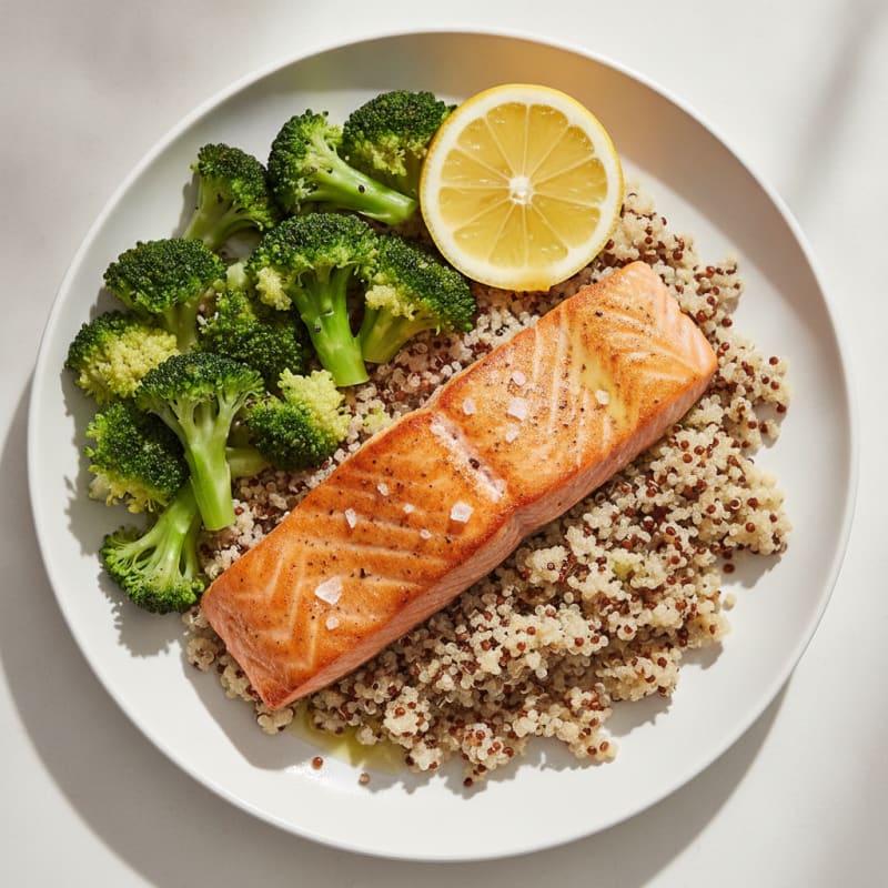 Seared Salmon Fillet with Steamed Broccoli and Quinoa