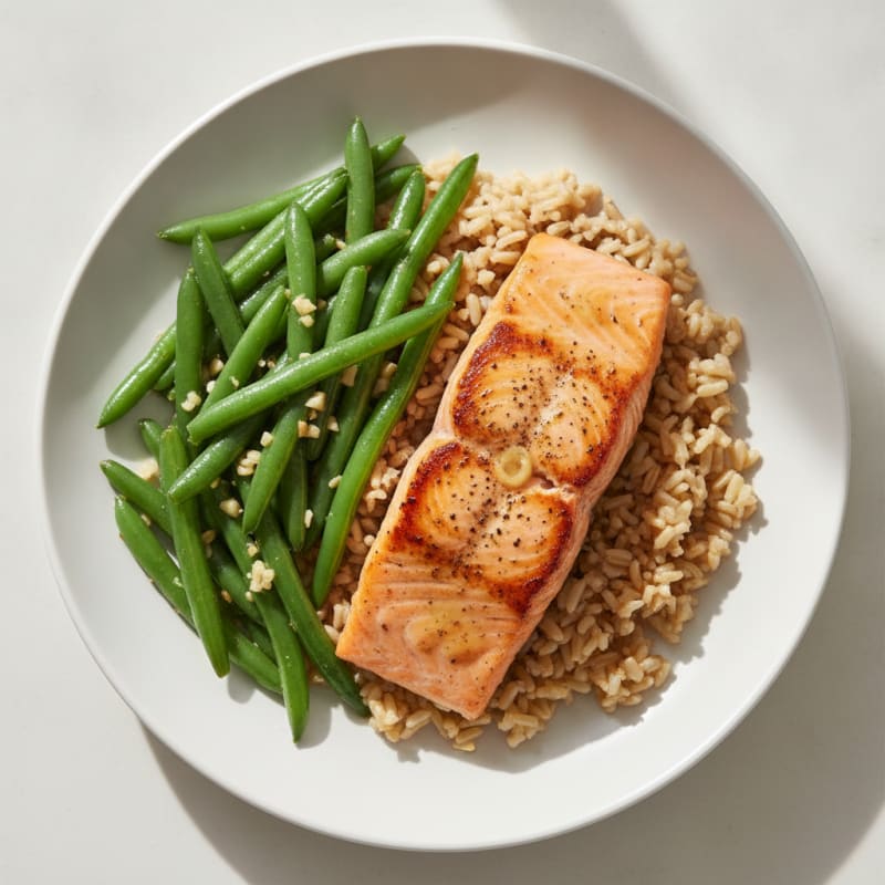 Seared Salmon Filet with Garlic Green Beans and Brown Rice