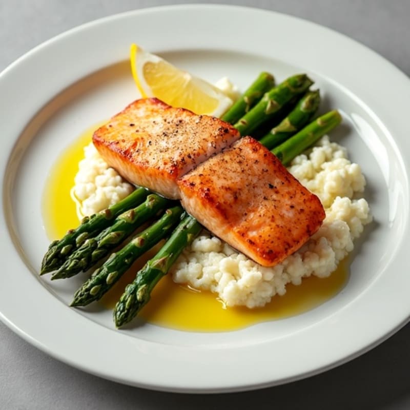 Seared Salmon with Steamed Asparagus and Cauliflower Mash