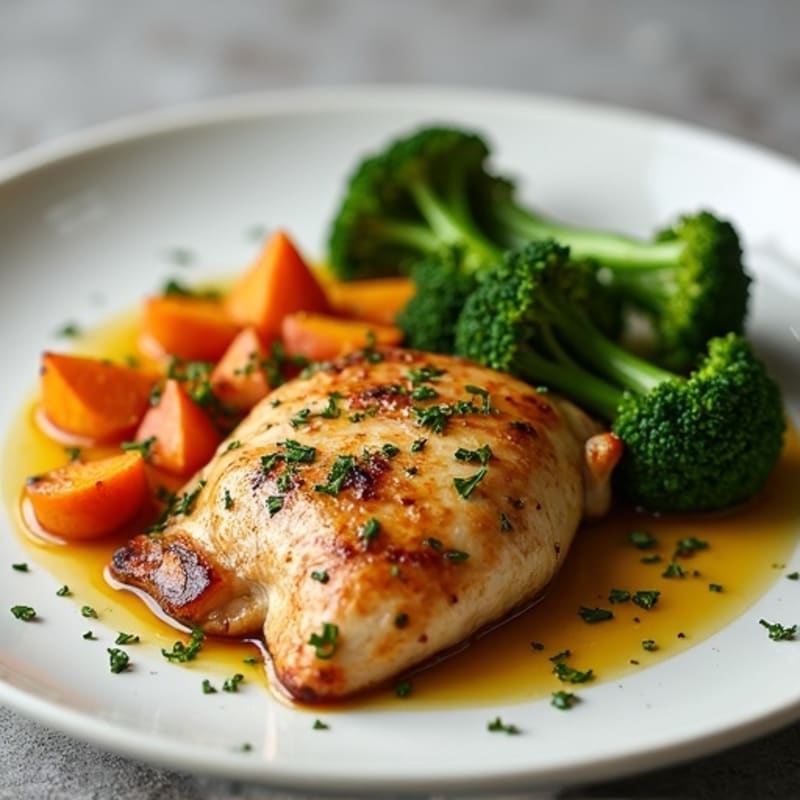 Garlic Herb Roasted Chicken with Sweet Potato and Broccolini