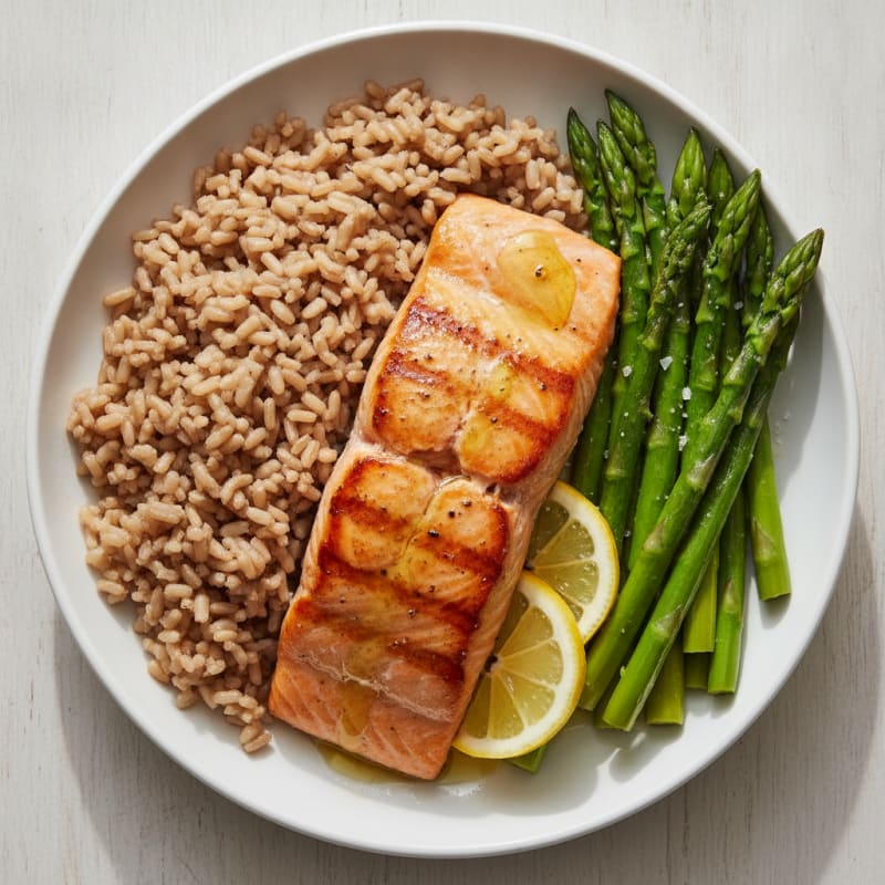 Pan-Seared Salmon with Steamed Asparagus and Brown Rice