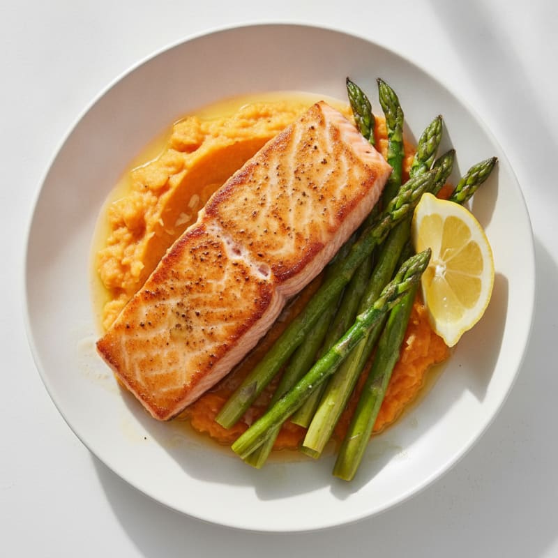 Seared Salmon Fillet with Roasted Asparagus and Sweet Potato Mash