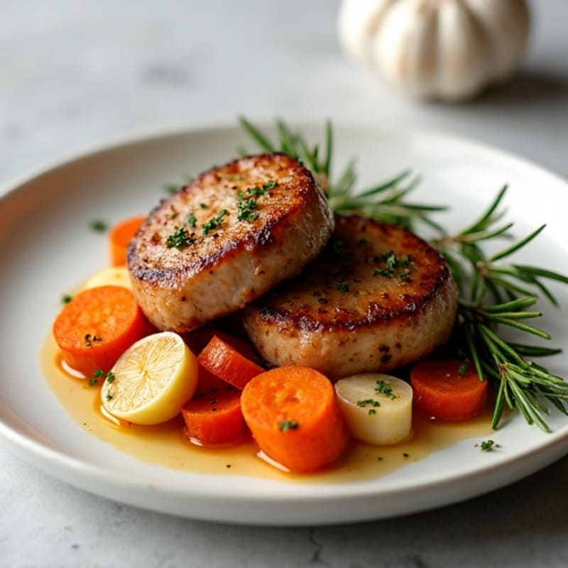 Pan-Seared Elk Medallions with Garlic Herb Roasted Root Vegetables