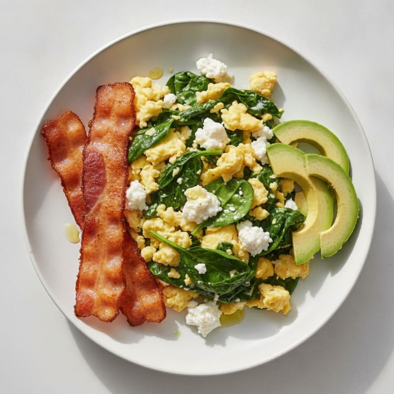Cottage Cheese Egg Scramble with Spinach and Turkey Bacon