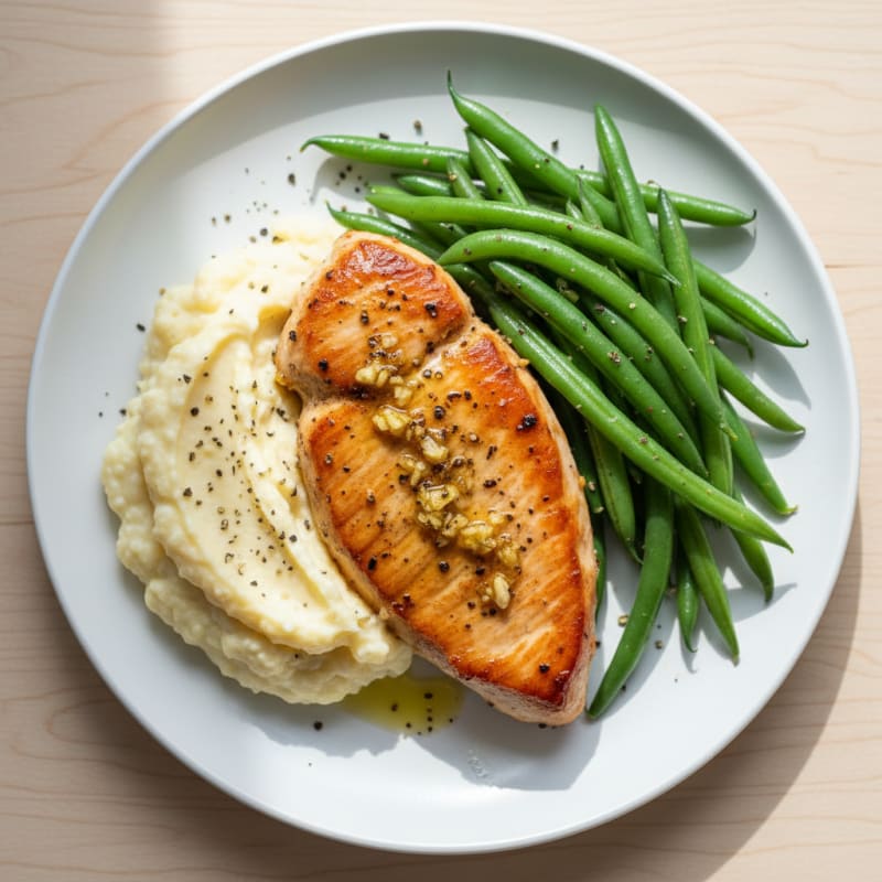 Seared Turkey Breast with Steamed Green Beans and Cauliflower Mash