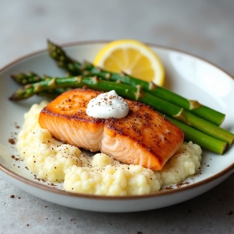 Seared Salmon with Roasted Asparagus and Cauliflower Mash