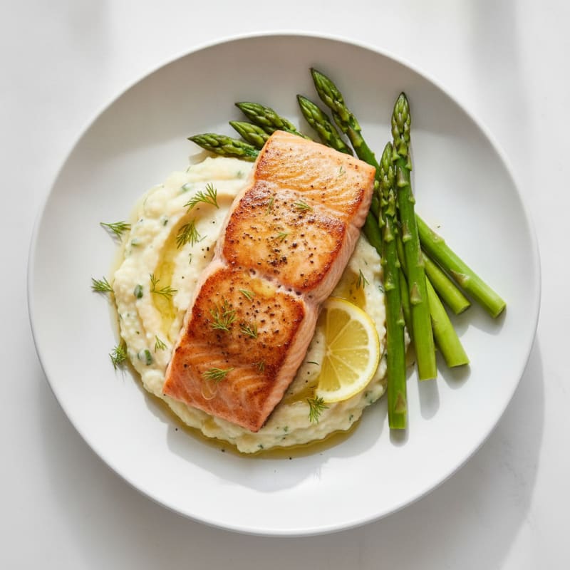 Seared Salmon with Steamed Asparagus and Herbed Cauliflower Mash