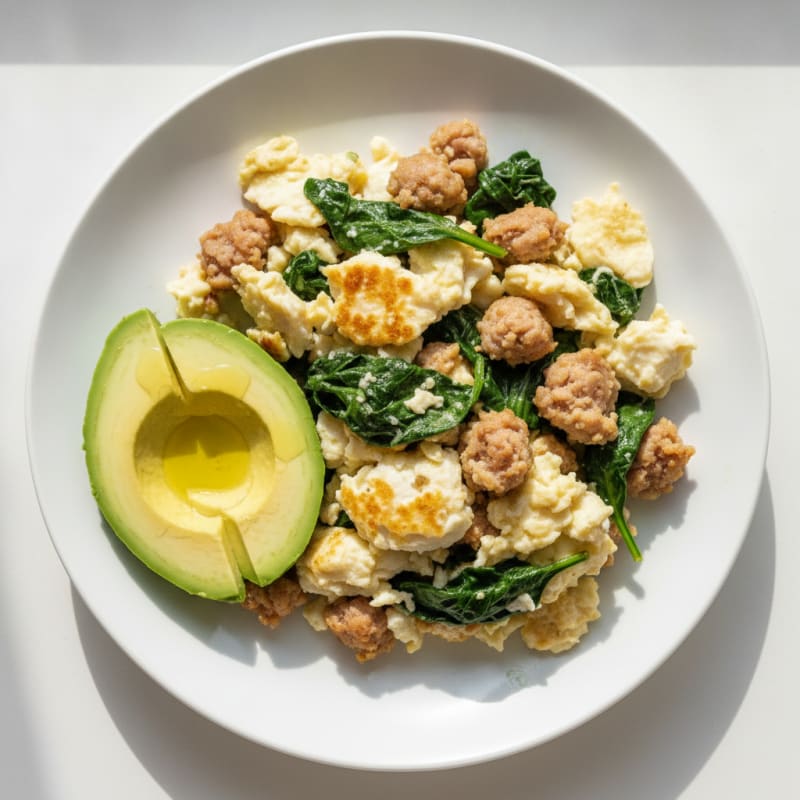 Scrambled Egg Whites with Turkey Sausage and Sautéed Spinach