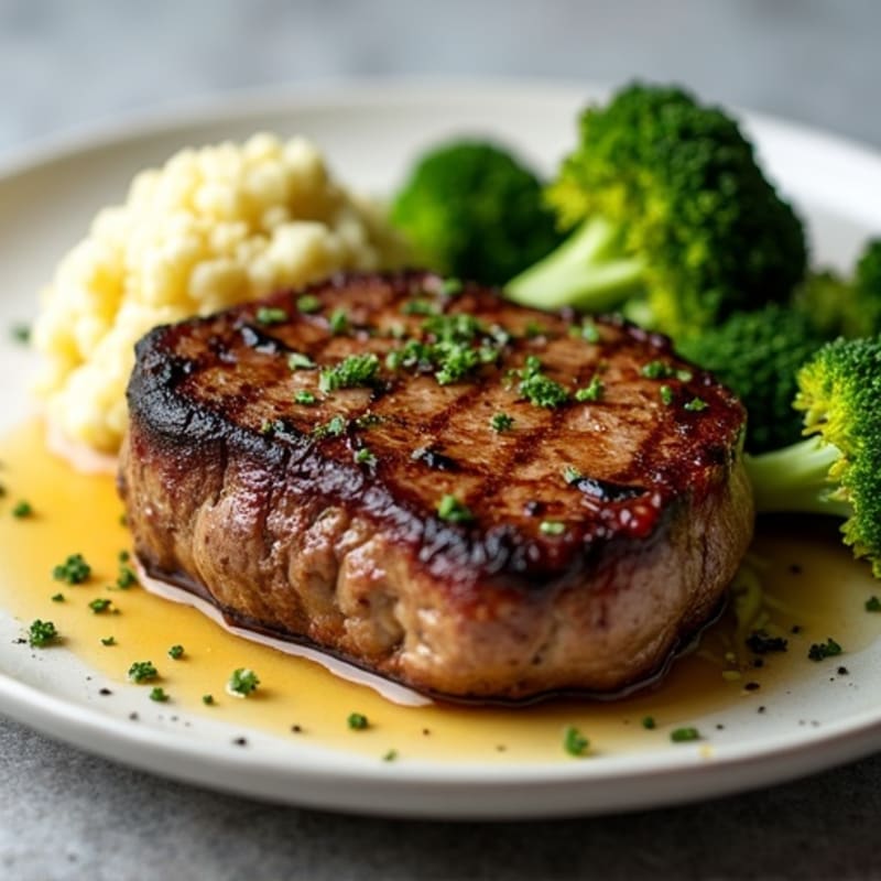 Pan-Seared Steak with Crispy Roasted Broccoli and Garlic Mashed Cauliflower
