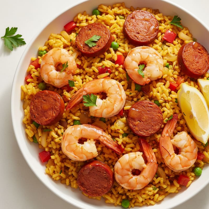 Golden Saffron Seafood Paella with Chorizo