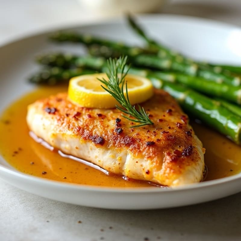 Crispy Lemon Garlic Pan-Seared Chicken with Roasted Asparagus