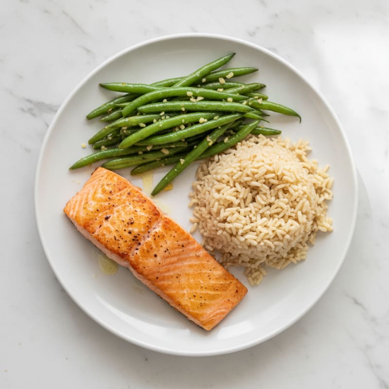 Seared Salmon with Garlic Green Beans and Steamed Brown Rice