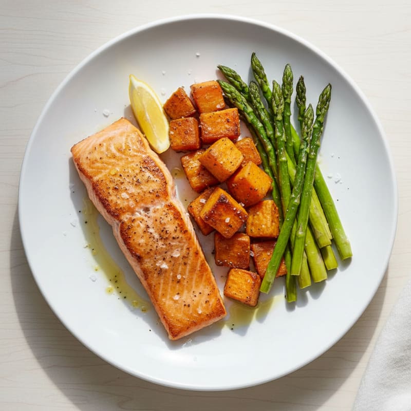 Seared Salmon Fillet with Roasted Sweet Potato and Asparagus