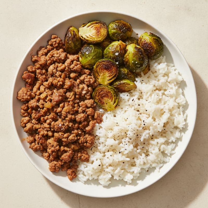 Ground Turkey with Roasted Brussels Sprouts and Rice