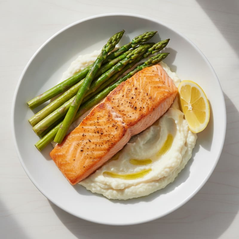 Seared Salmon Fillet with Steamed Asparagus and Cauliflower Mash