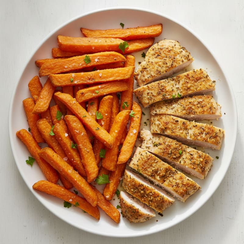 Baked Sweet Potato Fries with Herb-Crusted Chicken