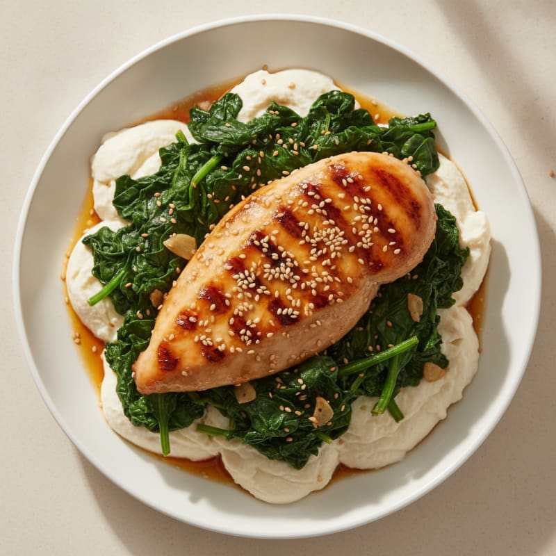 Grilled Chicken Breast with Silky Tofu and Sautéed Spinach