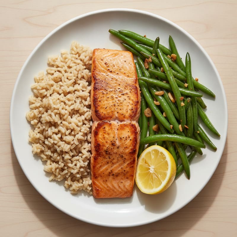 Seared Salmon Fillet with Garlic Green Beans and Brown Rice