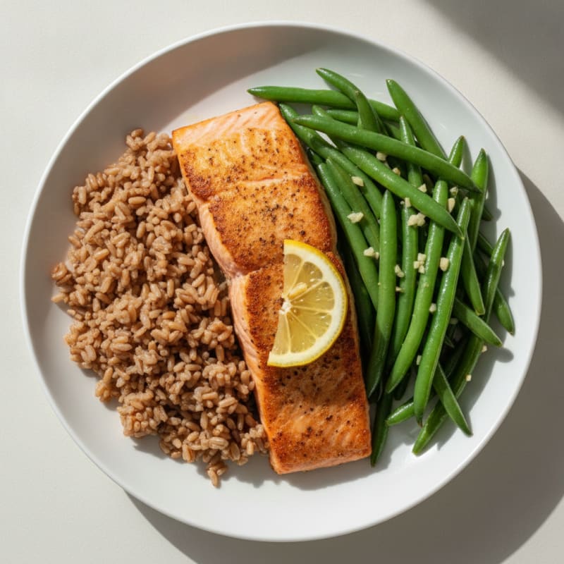 Seared Salmon Fillet with Garlic Green Beans and Brown Rice