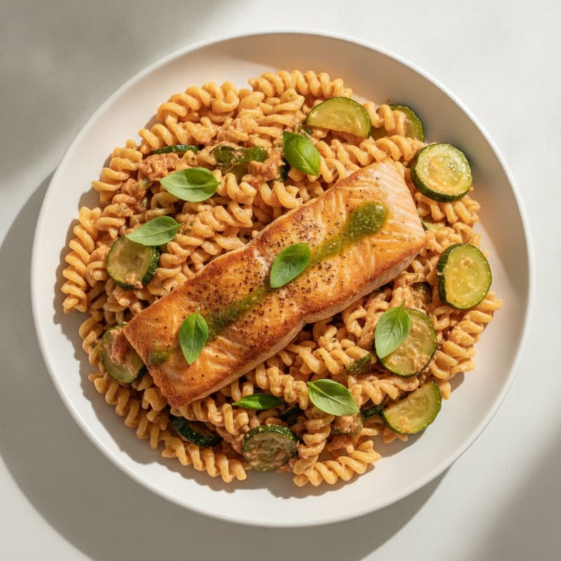 Seared Salmon with Creamy Tomato Pasta and Zucchini
