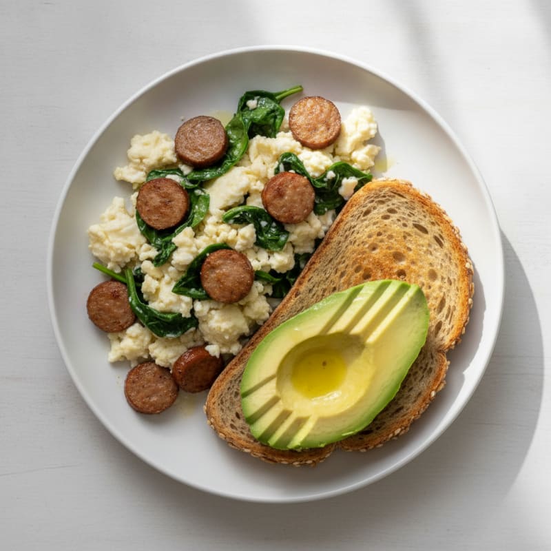 Egg White Spinach Scramble with Turkey Sausage