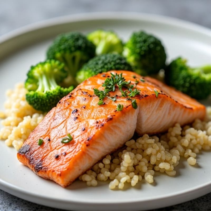 Seared Salmon Fillet with Steamed Broccoli, Quinoa & Egg White Boost