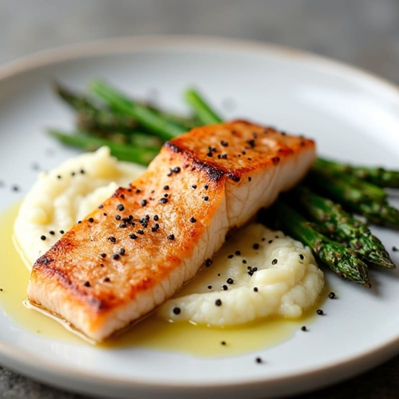Seared Salmon with Roasted Asparagus and Cauliflower Mash