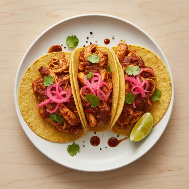 Chicken Adobo Tacos with Pickled Onions