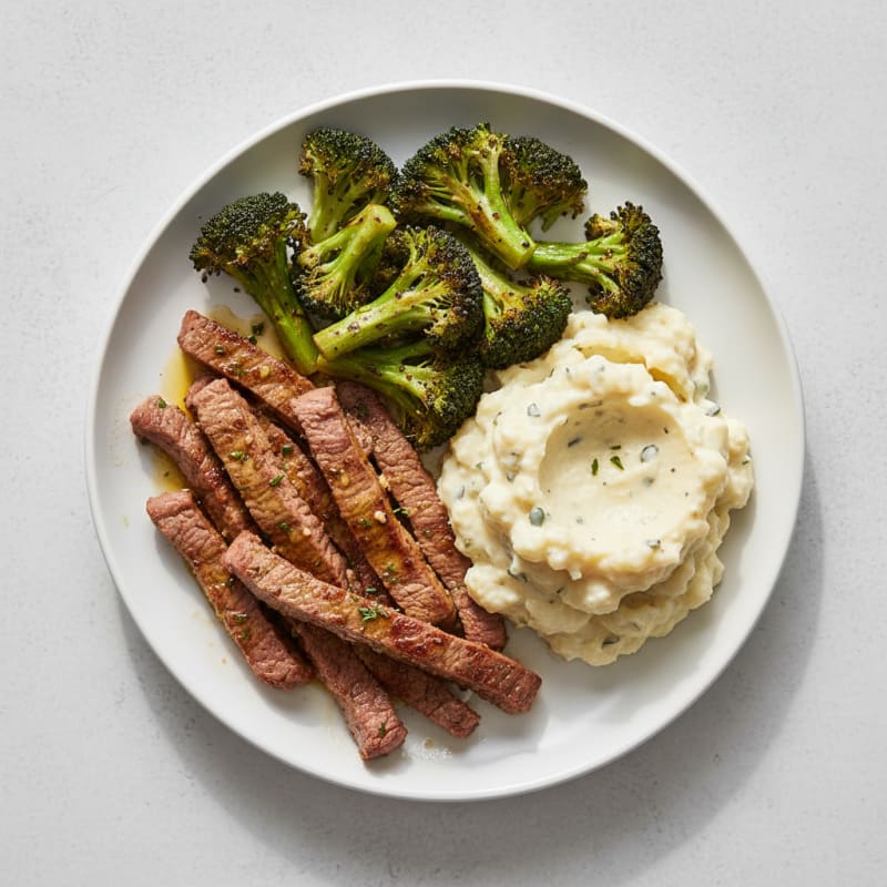 Seared Lean Beef Strips with Roasted Broccoli and Garlic Mashed Cauliflower