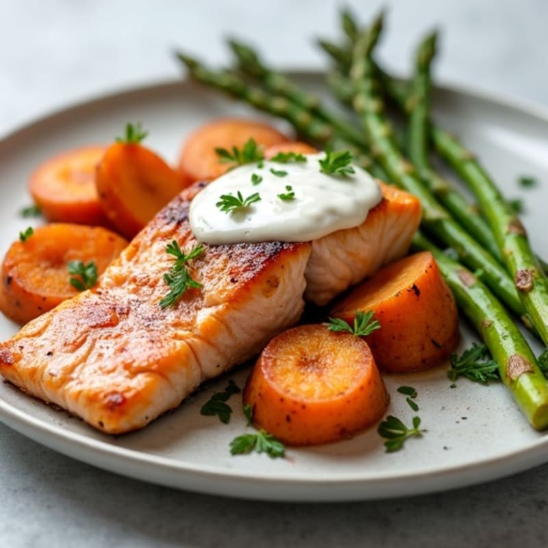 Seared Salmon Fillet with Roasted Sweet Potatoes and Asparagus