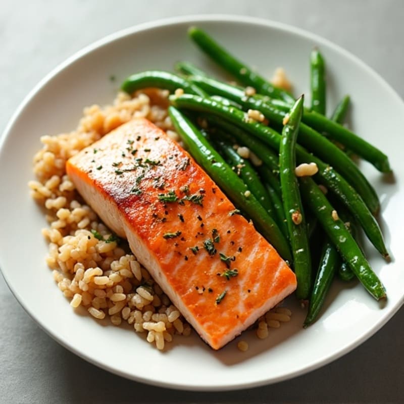 Seared Salmon with Garlic Green Beans and Brown Rice